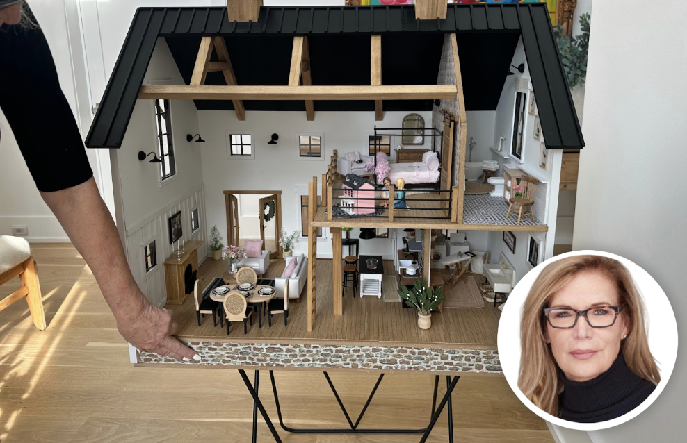 Joanie Gottlieb and a wide view of Gigi’s Dollhouse, a gift she spent two months crafting and personalizing for her six-year-old granddaughter’s birthday. 